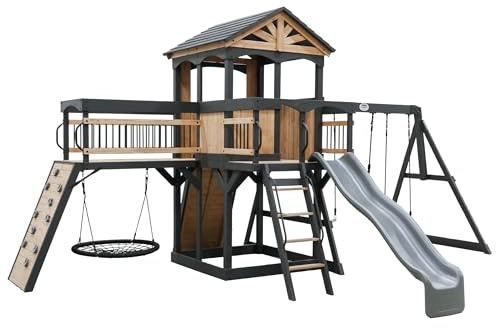 Backyard Discovery Timber Crossing 100% Cedar Wood Swing Set | Outdoor Playground for Kids | Garden Climbing Frame for Children | 1 Web Disc and 2 Belt Swings | 2.4m Wave Slide | Rope & Rock Wall