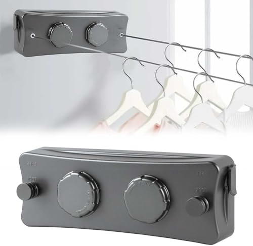 Wäscheleine Ausziehbar, Ausziehbare Wäscheleine Wand für Balkon, Wandmontierter 5.1m Edelstahlseil, für Innen- und Außenbereich, Wandmontage (Gunmetal Grau Doppelte Linie)