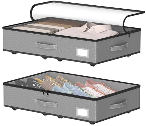 EE-RoomWorld Unterbettkommode mit Rollen, kein Zusammenbau erforderlich, teilbarer, verstärkter Boden, Schuh-Organizer mit transparentem Deckel, Aufbewahrung von Büchern, Kleidung, Decken (2 Stück,