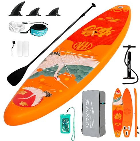 FEATH-R-LITE Aufblasbare Stand Up Paddle Boards Multifunktionale Paddleboard Mit Handpumpe, Sup Rucksack, Leine, Einstellbares Paddel, Für Erwachsene, Aller Fertigkeitsstufen (Kranich-Orange)