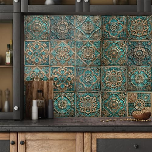 Mosaikfliesen Vintage Türkis Braun Fliesenaufkleber PVC Hitzebeständig Klebefliesen Küche Wasserdicht Tile Sticker Ölfest Klebefliesen Selbstklebend Fliesenaufkleber Badezimmer 20x20cmx10 Pcs