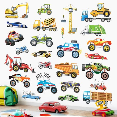 decalmile Bilar väggdekaler konstruktion transporterar fordon racerbilar väggklistermärken pojkrum barn sovrum småbarn lekrum väggdekor