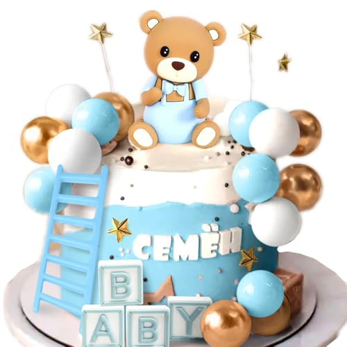 JeVenis Blau Teddybär Tortendeko 1 Jahr Kuchendeko Junge Bear Tortendeko | Blau Teddybär Tortendeko Taufe Junge Tortendeko Mädchen 1 Jahr Blau KuchendekorationTeddybär Kuchen Dekoration für Hochzeit
