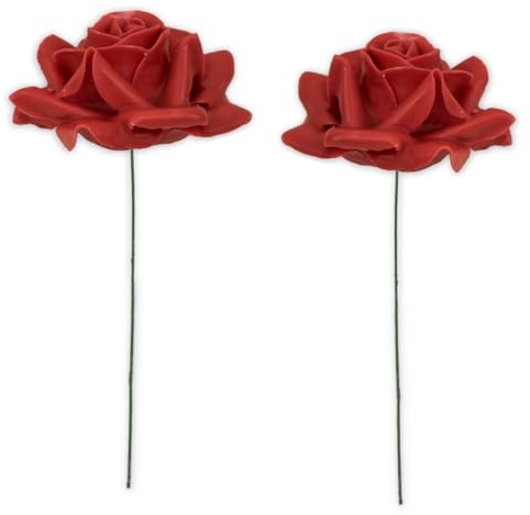Kunstrosen-Blüten mit Stiel als künstliche Deko-Rosen aus Wachs - 2 rote Rosenblüten wie echt für Blumengestecke Blumen-Dekoration - Wachsrosen als Kunstrosen Friedhof Grabschmuck