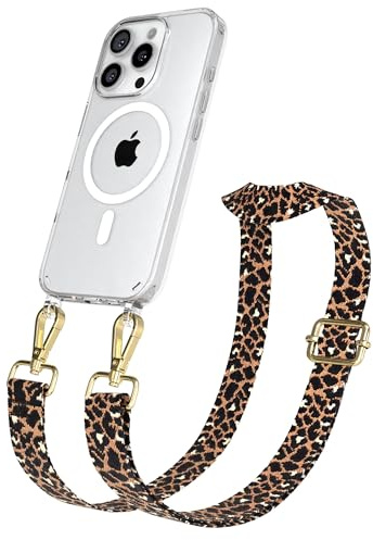 EAZY CASE Handykette - Verstellbares Taschenband kompatibel mit iPhone 16 Pro, Schulterriemen, Handykordel mit Silikon Hülle, Qi Charging kompatibel, Umhängetasche, Leo - Schwarz Braun Gold