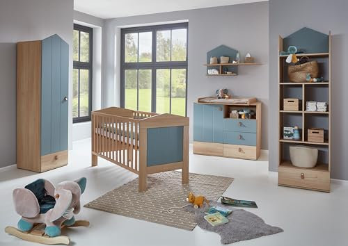 Arthur Berndt Babyzimmer Set Roofy 6-TLG. Kleiderschrank 1-türig, Wickelkommode, Babybett, Standregal, Wandregal, 2X Umbauseite