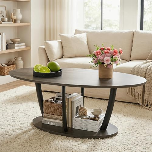 Manora Ovler Couchtisch mit Stauraum,Wohnzimmertisch Oval Auch als Beistelltisch nutzbar Langlebig & Stabil mit Metallbeinen(Grau+Schwarz)