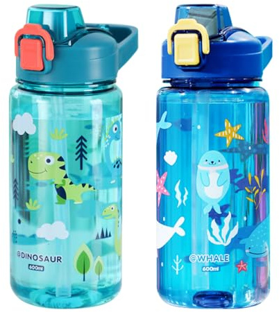 LUFEIS Kids Water Bottle with Straw, 2PCS 600ml Leakproof BPA Free Kids Water Bottles with Cute Cartoon Pattern, Boys & Girls Drinks Bottle for School Home Camping Outdoor