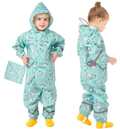 Domueay Tuta Impermeabile Bambina Antipioggia Completo Impermeabile Leggero Tutto in Uno Tuta Pioggia Portatile Giacca Impermeabile Ragazze 3-5 Anni, Verde