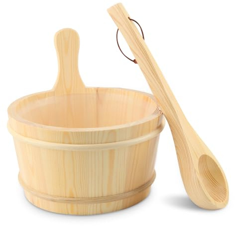 Wooden Bucket and Ladle Set,4L Capacity Sauna Water Bucket,with Handle and Plastic Insert,Wood Ladle Kit Barrel Set Accessories,for Home-Sauna/Steam Room