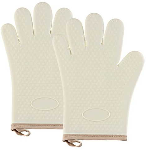 1 Pair Silicone Oven Gloves, Heat Resistant Food Grade Oven Gloves, Waterproof, Stain Resistant, Non-Slip Silicone Kitchen Mitts for Grill, BBQ Cooking Baking Microwave Gauntlet (White-2)