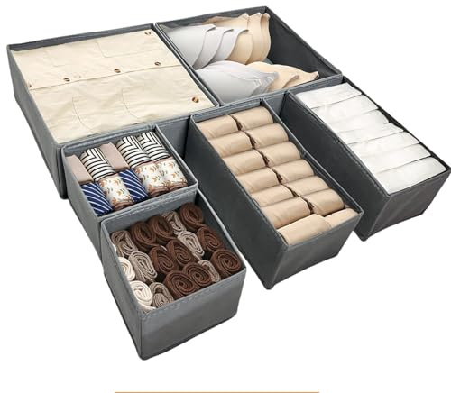 : GaoBangM 6-Pack Drawer Organisers Dividers for Wardrobe and Clothes, Grey