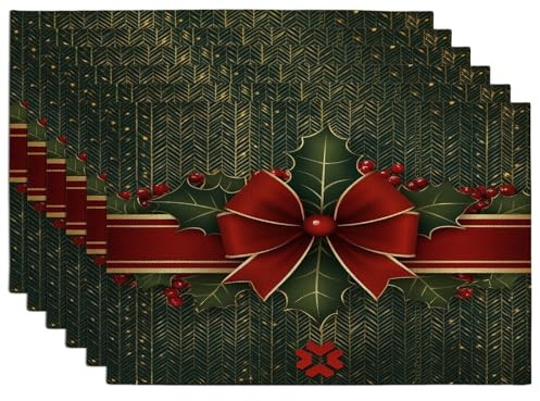 Happy Christmas Holly Placemats Set of 6, 12x18 Inch, Modern Xmas Fun Plant Leaf 6Pcs Table Mats for Home Dinning, Holiday Holiday Party Kitchen Decor