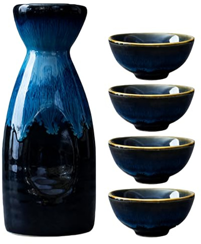 Service à saké japonais en céramique 5 pièces avec 4 gobelets à saké, 1 pot à saké, lot de pots à saké en céramique, set de verres à liqueur en porcelaine, set de tasses à saké pour la maison, le