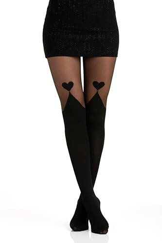 Gi&Gi Collants Fantaisie Femme, Noir, Motif Cœur Mock Over-Knee, Nylon, Semi-Transparent et Opaque, Style Élégant (FR/ES, Alpha/lettres, S, M, Taille normale, Taille normale, Noir avec coeur)