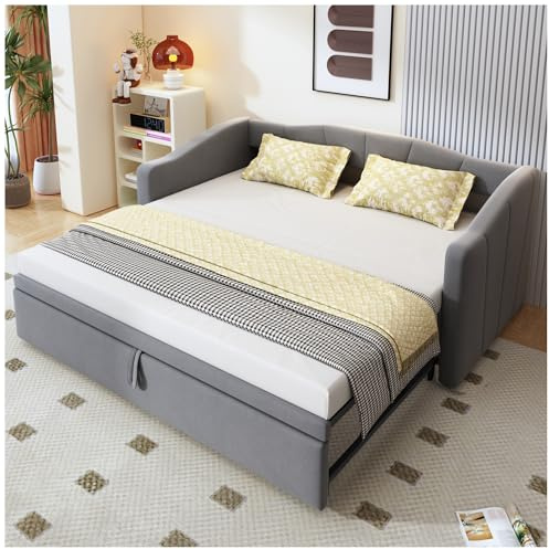 Wyibwy Sofá cama acolchado de 90/180 x 200 cm, con somier de láminas, convertible en cama individual o de matrimonio, tejido de terciopelo (colchón no incluido) (Gris)