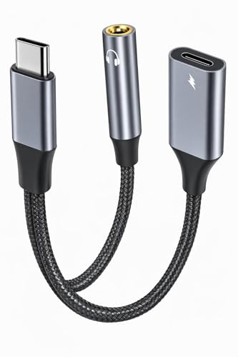 PaYuanRaoTi USB C to 3.5mm Jack and Charger Adapter, 2 in 1 Type C to Aux and Charger Splitter with PD 60W Fast Charging, 3.5mm Aux Headphone Dongle for Phone 16/15 Pro, Pad Pro