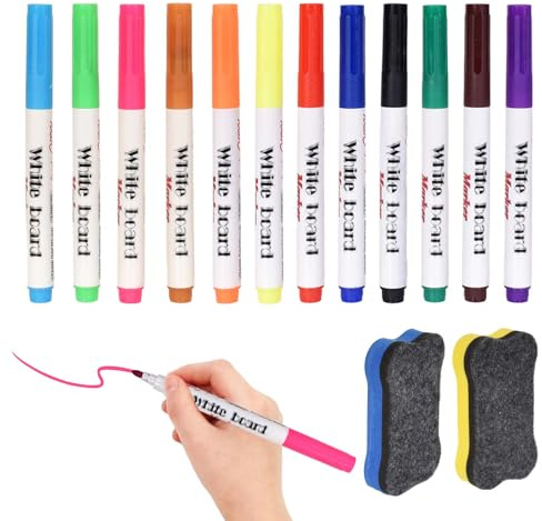 Rylae 12 Colores Marcadores para Pizarra Blanca, Marcadores Lavables con 2 Borradores Magnéticos, Rotuladores para Pizarra Blanca Escritura Suave, Ideales para Reuniones, Clases y Garabatos Creativos