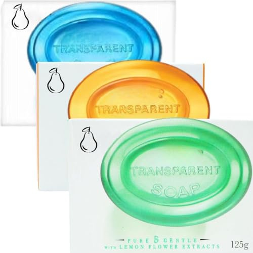 3 x 125g Transparent Glycerin Soap Bars – Natural Oils with Lemon Flower & Mint Extracts – Gentle Soap for Face, Body & Hands