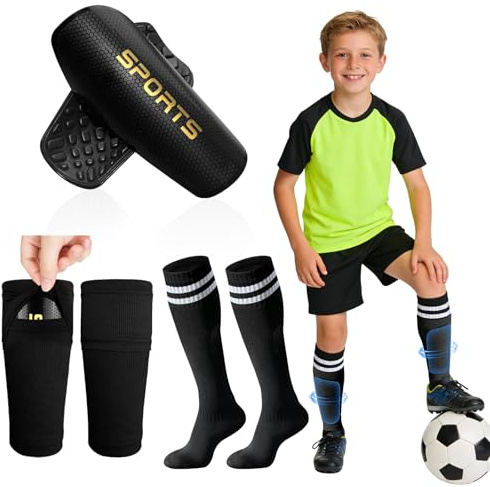 Soccer Shin Guards for Kids, Youth and Adults, Includes Optimized Pocketed Shin Guard Sleeves & Grip Socks - Protective Soccer for Boys and Girls Aged 3-15 (M)