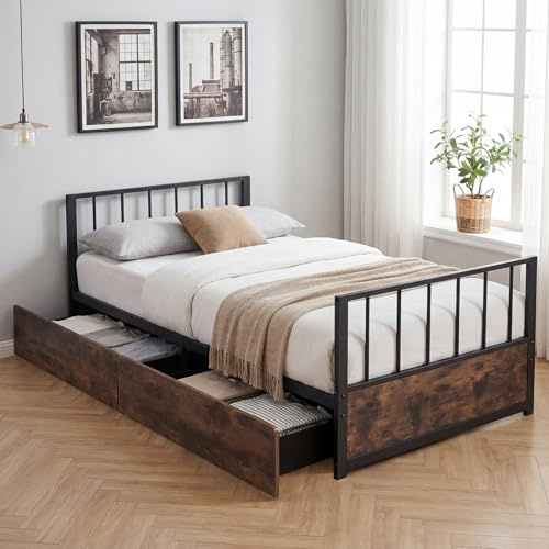 COSTWAY Bettgestell 90x200, Bett mit 2 Schubladen & Kopfteil & Fußteil, Einzelbett mit Lattenrost, Metallbett industriell, Jugendbett kein Boxspring erforderlich (200 x 90 cm)
