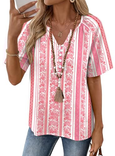 Rapbin Womens Summer Tops V Neck Short Sleeve Cotton Linen Blouse Boho Top | Breathable Buttons Elegant Shirts Dressy Casual Tunic Loose Fit