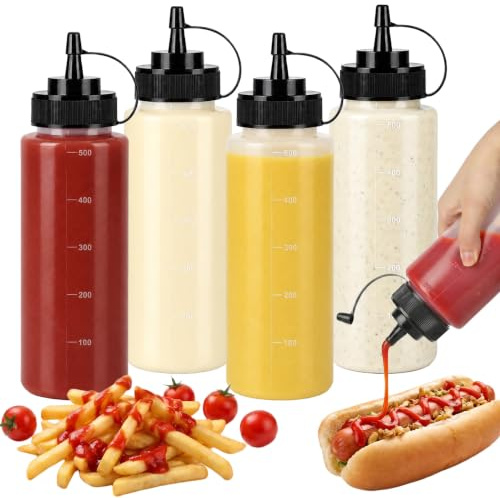 OAMCEG Squeeze Flasche 500ml, 4 Stück 16oz Kunststoff Quetschflasche Squeeze Squirt Flasche mit Diskreten Messungen, Würzpressflaschen für Ketchup BBQ Saucen Sirup Gewürze