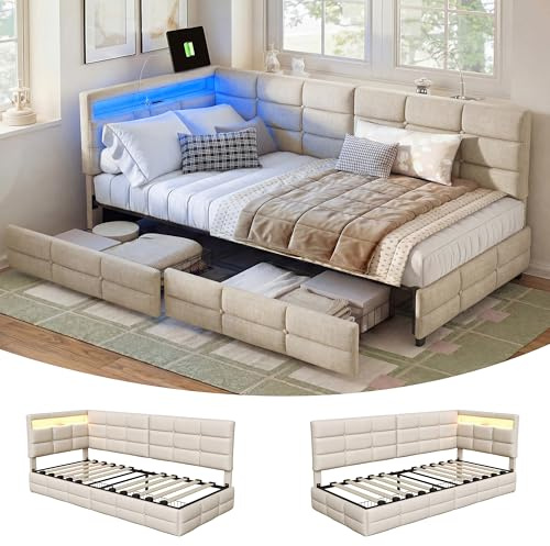 YNYHTER Divano letto imbottito, 90 x 200 cm, con illuminazione a LED e prese, letto per ragazzi con 2 cassetti, con rete a doghe, letto singolo con vano portaoggetti, in lino, senza materasso (beige-A