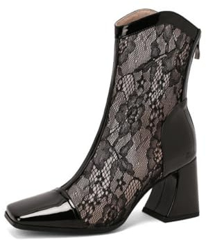 Genérico Botines Tobillo Mujer Encaje Floral Punta Cuadrada Tacón Bloque Botines Charol Cuero Malla Encaje Transparente Botines Tobillo con Cierre Cremallera,Negro,38 EU
