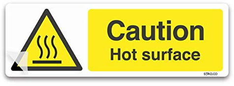 stika.co Set of 2 Premium Laminated Caution Hot Surface stickers - Kitchen Fryer Cooking Safety Sign - 200x66mm Temperature Resistant Vinyl Sticker for Restaurants, Pubs, Hotels