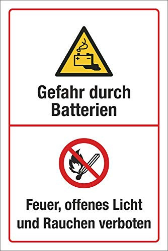 Schild Gefahr durch Batterie Feuer Licht Rauchen verboten 300 x 200 mm | 3 mm Alu-Verbund, wetterfester UV-Direktdruck, robust und langlebig, Made in Germany