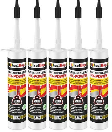 Isolbau Montagekleber Fix-Power - 5 x 480 g Styroporleber, Kraftkleber, Alleskleber, Baukleber für Innen- & Außenbereich - 200 kg / 10 cm - Weiß