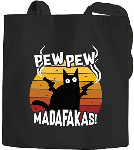 MoonWorks® Jutebeutel Pew Pew Madafakas Katze Western Cat Meme Baumwolltasche Stoffbeutel Statement-Beutel schwarz 2 lange Henkel