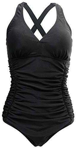 LA ORCHID Damen Strand Swimwear V ausschnittt Push up Badeanzug bauchweg Urlaub high Waist bademode Badeanzug Vintage Schwarz L