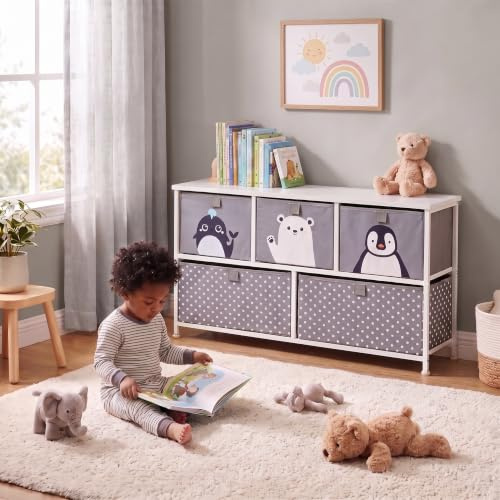 Liberty House Toys Kids Storage Unit, Fabric, Grey, H550 x W1000 x D300mm, 5L-206-POL | 5 Fabric Bins, Steel Frame, Wood Top, Bedroom, Nursery, Playroom Storage, Clothes & Toy Storage