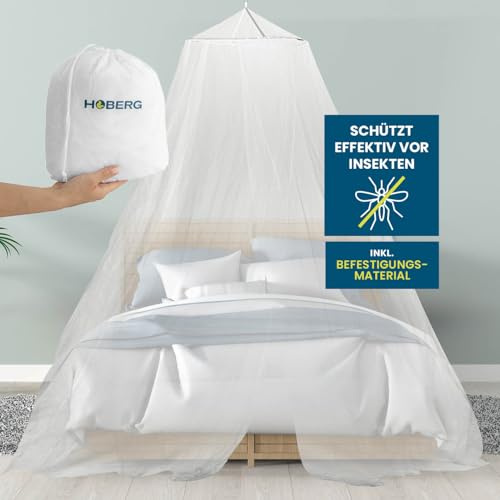 HOBERG Moskitonetz Reise | XXL Mückennetz Bett für Kinderbett, Einzel- & Doppelbett | Outdoor Moskitozelt 400 Mesh für Balkon | Insektenschutz Baldachin zum Kleben oder Bohren - mit Spannring 60 cm Ø