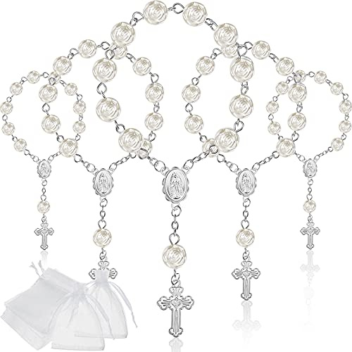 Jadive 30 Stück Mini Rosenkränze Taufe Rosenkranz Perlen Finger Taufe Rosenkränze mit Organzabeuteln für Erstkommunion Taufe Weihnachten Hochzeit Party Mitgebsel (Silber)