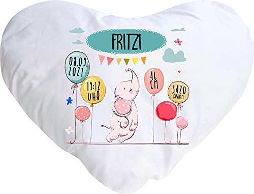 Kleckerliese Baby Kinder Kissen Personalisiert Kissenhülle Tiere Elefant Balon Wolken Name Geburt Datum Uhrzeit Gewicht, 40x44 cm Farbe Weiß mit Füllung