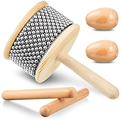 5 Pcs Cabasa Music Instrument for Baby Shower Gifts Wooden Hand Percussion Instrument Set with Stainless Steel Breads Latin Percussion Instrument Classical Wood Claves Rhythm Sticks Egg Shakers
