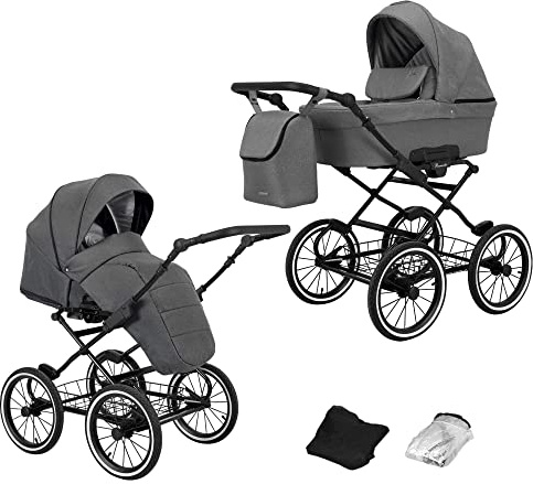 KUNERT Kinderwagen ROMANTIC retro Sportwagen Babywagen Autositz Babyschale Komplettset Kinder Wagen Set 2 in 1 und 3 in 1 (grau- schwarz rahmen, 2in1)
