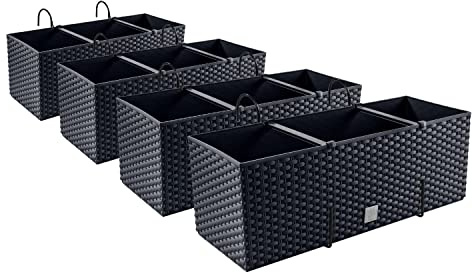 4 x blomlåda, blomkruka rottingutseende med hållare, planteringskruka, balkonglåda, planteringslådor, antracit
