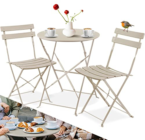 KESSER® Bistroset 3-teilig | Bistrotisch 2 klappbare Stühle Balkonset Balkonmöbel Klapp-Möbel Gartenset Sitzgarnitur Gartengarnitur Gartenmöbel Sitzgruppe Metall | Gartentisch mit Abdeckung Cappuccino