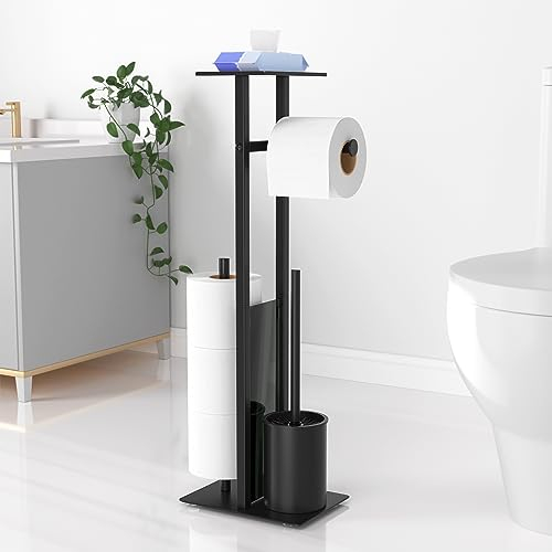 susswiff Porta carta igienica inox da appoggio con scopino - con scatola salviettine umidificate, ripiano in vetro (nero opaco)