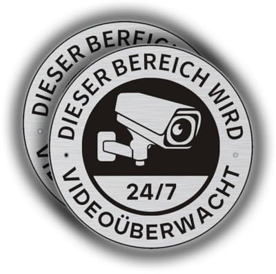 Felexdo Cartello per videosorveglianza, 2 pezzi, Ø 10 cm, piccolo in alluminio spazzolato, per la sorveglianza della telecamera, con autoadesivo, per un facile montaggio