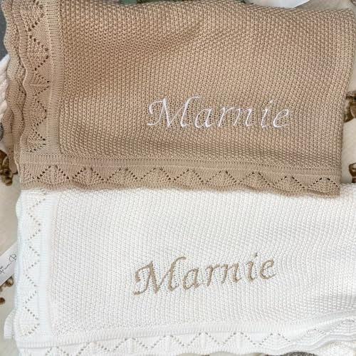 REEG Copertina per Neonato Lavorata A Maglia Personalizzata，Coperta con Nome Ricamato，Coperta per Passeggino in Maglia di Cotone (Grey Pink,Embroidered Name)