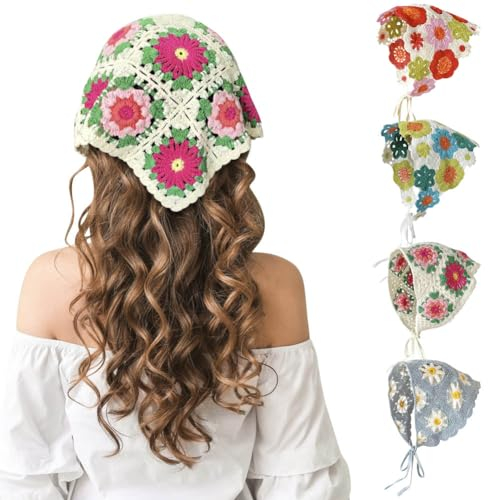4 Stück gehäkeltes Haarbandana, Blumen-Haarschal, Boho-Kopftuch, Vintage-Stirnbänder, Dreieck-Haarband, handgefertigt, Haarschmuck für Mädchen und Damen, Blau + Beige + Rot + Blume