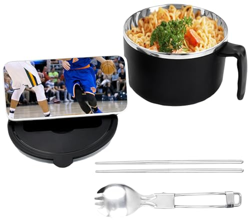 Nivofu Tazón de Ramen con Tapa, Tazón de Fideos Instantáneos de 1200 ml, Tazón de Sopa con Cuchara Plegable y Palillos, Cuenco de Sopa Ramen, Cuenco Portátil para Servir Ensalada y Pasta - Negro
