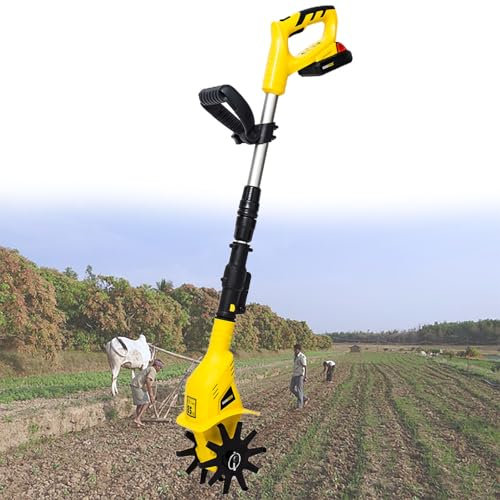 Beachtiful Rotary Cultivator Cordless Garden Tiller Battery Powered, Lawn Farm Telescopic Power Cultivator Tool Hand Tiller for Soil Mixing or Reseeding Grass, 2 Battery,Yellow
