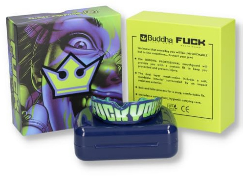 BUDDHA FIGHT WEAR Protector bucal Premium adultos y niños +12 Años para todos los deportes de contacto, incluidos rugby, MMA, kickboxing, judo, hockey y boxeo (Azul-Amarillo)