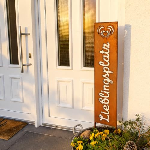 K&L Wall Art Lieblingsplatz Roststecker mit Herz Edelrost Gartenstecker Feng Shui Deko Rost Gartenstecker Metall Gartendeko